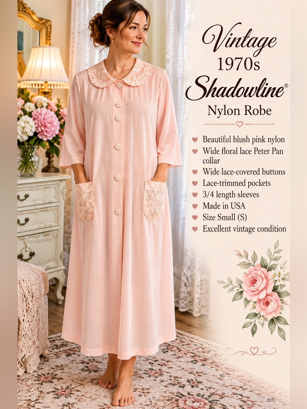 Vintage 1970s Shadowline Pink Lace Robe Size S